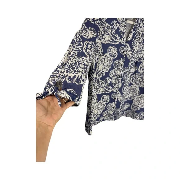 JM Collection 3/4 Sleeve Linen Button Up Tunic Blue & White Paisley SZ 14 - Picture 3 of 9